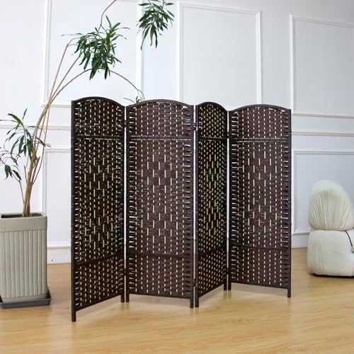 Compact 4 Panel Short Room Divider, 47.2 Inch Tall Double-Sided Rattan Folding Privacy Screen for Home & Office,Dark Brown - Image 5