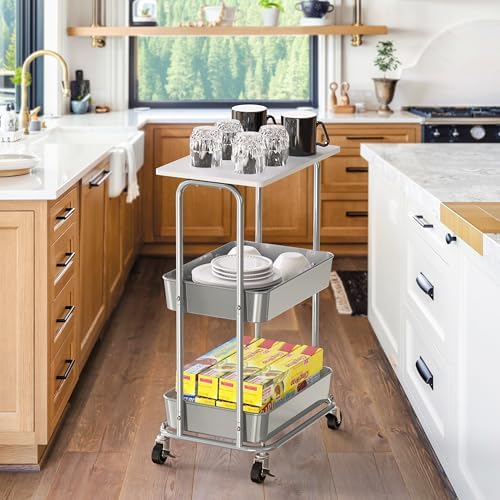 Simple Houseware 2-Tier Rolling Utility Cart Wood Top/Lockable Wheel, White - Image 7