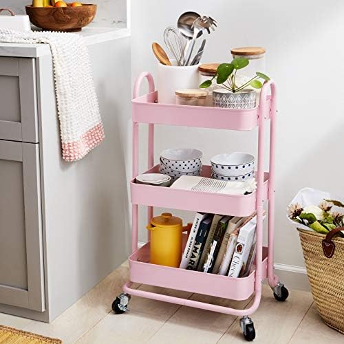 Amazon Basics 3-Tier Rolling Utility or Kitchen Cart, Lockable Wheels, Multifunctional Storage, Metal Storage Organizer, Portable, Dusty Pink - Image 6