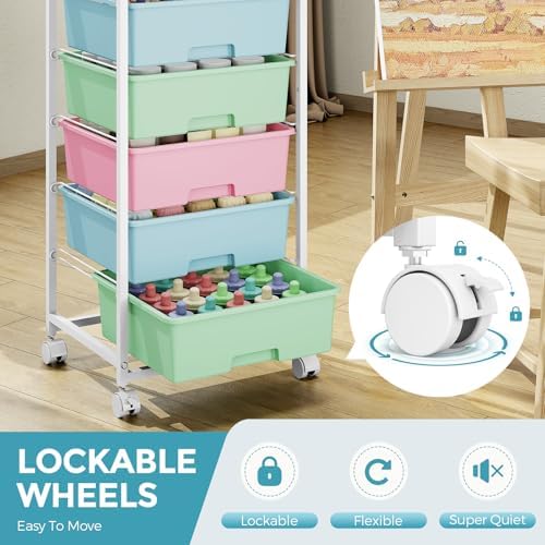 6 Drawer Rolling Storage Cart with Wooden Top and Wheels for Craft Rainbow - Image 7