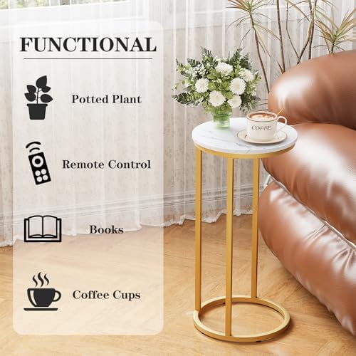 C Shaped end Table,Wood Round Side Table for Couch,Small Sofa Table with Metal Frame for Bedroom,Living Room,Bedside,Gold Color(11.81" D x 11.81" W x 23.62" H) - Image 5