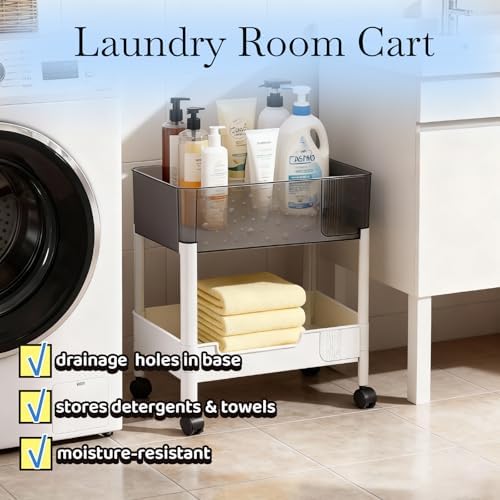 2 Tier Rolling Cart with Wheels for Under Desk Storage, Heavy Duty Plastic Short Small Utility Cart for Small Space Bathroom Vanity Makeup Organizer Pantry, 4.7'' Deep Baskets for Tall Bottles - Image 6