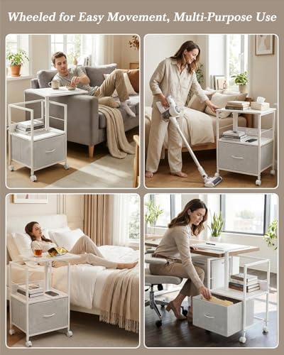 Faesun Swivel Lift Top Nightstand with Charging Station, Rolling Side Table for Recliner, Bedside Table with Wheels & a Fabric Drawer, for Small Spaces, for Bedroom, Living Room, White Gray - Image 6