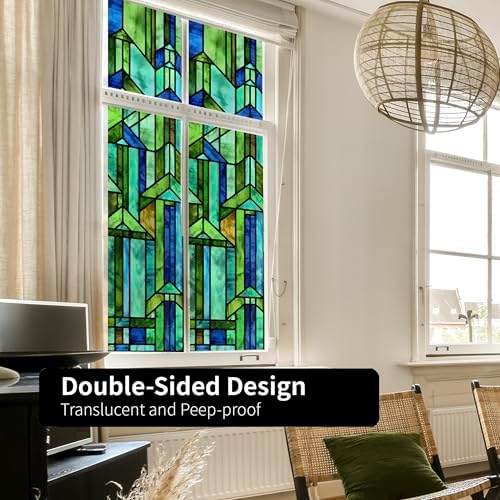 Original Hand Drawn Faux Stained Glass Window Film, Double-Sided Privacy Static Film, Cool Aqua Green Geometry Patterns Inspired by Hollyhock House, Peep Proof 16.93"X84.65" - Image 6