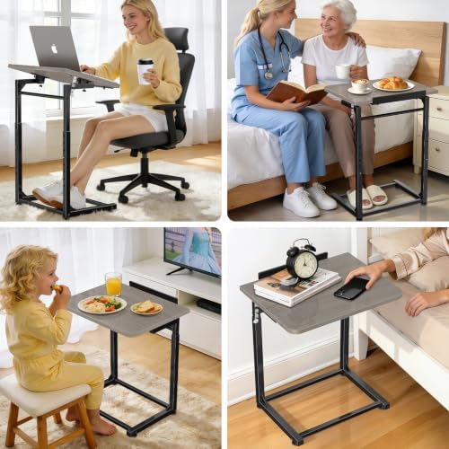 Upgrade Tv Tray Table Set of 2, 8-Level Adjustable Height Couch Side Table, 90° Tilt Angle Foldable C-Shaped End Table with Phone & Tablet Slot for Sofa, Bed, Chair Living Room (Lvory Gray) - Image 7