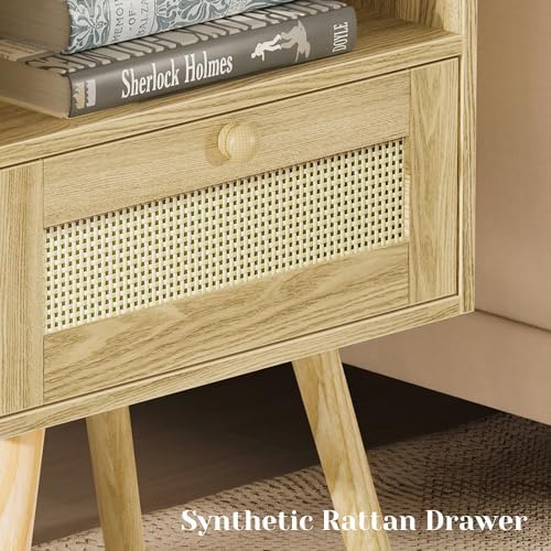 SUPERJARE Nightstands Set of 2, Night Stands with Charging Station, Natural - Image 6