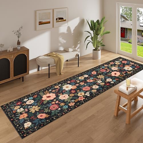 DUKINO 2.6x12 Kitchen Runner Rug, Floral Non Slip Long Washable Rug, Black - Image 7