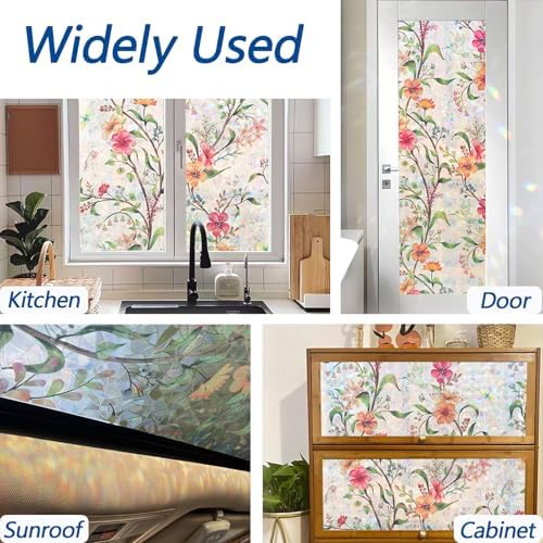 Stained Glass Window Film Decorative for Glass, Bathroom Window Privacy Film Static Cling, Rainbow Window Cling UV Blocking Non-Adhesive for Home Office Door (Floral, 17.5" x 78.7") - Image 6