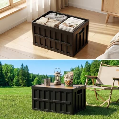 2 Pack 50L Black Storage Crate Wooden Lid Foldable Stackable Bin for Garage RV Car Camping - Image 5