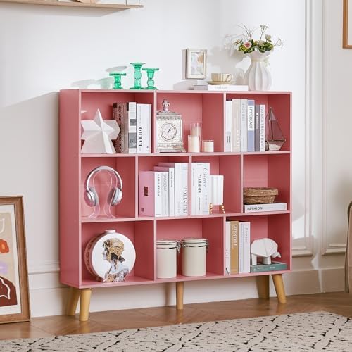 LEYAOYAO 10 Cube Bookshelf,Mid-Century Modern Bookcase with Legs,Light Pink - Image 6