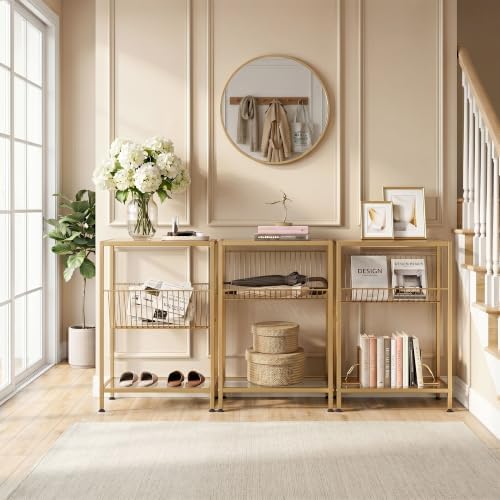 Glass Side Table, Tempered Glass End Table, 3-Tier Narrow Side Table with Magazine Holder, Small Nightstand with Modern Style, Skinny Snack Table in Living Room, Bedroom Study and Balcony, Gold - Image 6