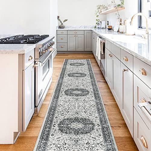 Hallway Washable Runner Rug - 2x10 Kitchen Rugs Entryway Rug Runner Vintage Soft Floor Mat Non Slip Indoor Farmhouse Carpet for Bathroom Living Room Bedroom (2 X 10, Grey) - Image 6