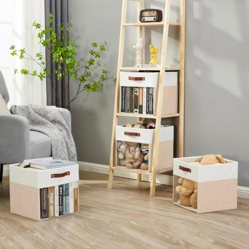 Bagnizer Storage Cubes, 4 Pack Linen Foldable Storage Bins (13 x 13 inch) with Clear Window and Handles, Fabric Organizer for Shelf Closet, Clothes, Books - (Beige and White) - Image 7
