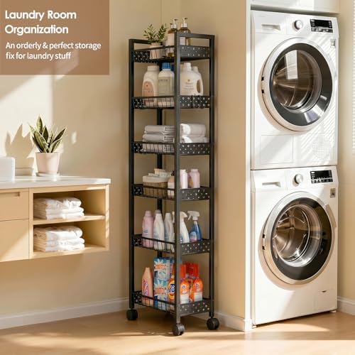 6 Tier Slim Storage Cart, Narrow Rolling Cart with Wheels, 6in(W) - Image 7