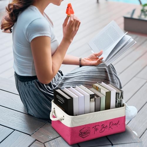 Marsui 1 Pcs TBR Basket Book Storage Bin Bookish Gifts, White Pink - Image 6