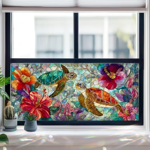 HOMETITUTE Sea Turtle Tropical Flower Window Cling 39.3x17.7 Inch PVC - Image 7