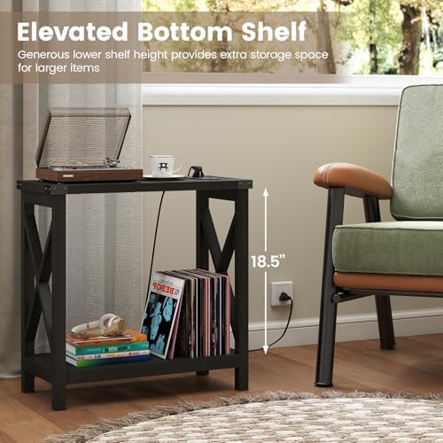 Hadulcet Farmhouse End Tables Living Room Set of 2 - Narrow Side Table with Charging Station, Slim Nightstand for Small Space, Skinny Bedside Table, Sofa Side Table with Storage Shelf, Black - Image 7