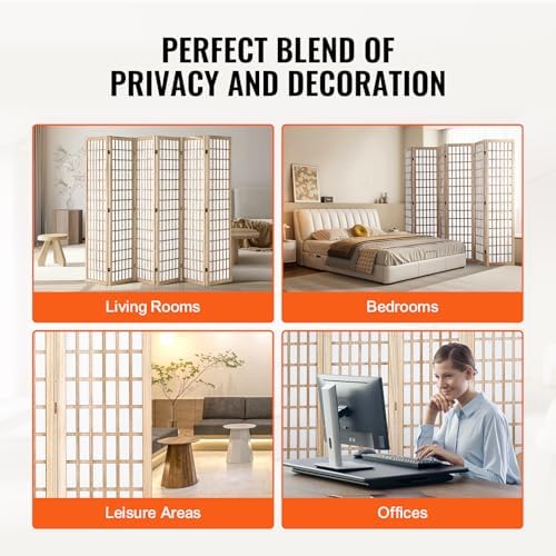 VEVOR Room Divider, 6 Panel Japanese Room Divider, Wood Folding Privacy Screen Indoor, Partition Dividers Portable Decoration Screens, for Room Separation Home Office Restaurant & Bedroom(Natural) - Image 7