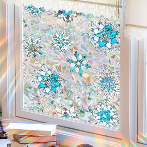 Christmas Snowflake Window Film Stained Privacy Rainbow Window Sticker Christmas Blue White Snowflake Designs Xmas Glass Decals Static Cling for Home Office School Holiday Party Decor - Image 7