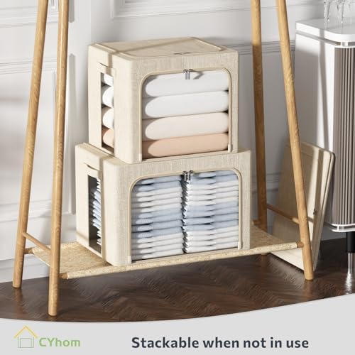 CYhom 3Pack Foldable Storage Bins - Frame Storage Box Linen Fabric Stackable Clothes Container Organizer with Clear Window & Carry Handles Large Capacity (Extra Large-100L, Beige) - Image 6