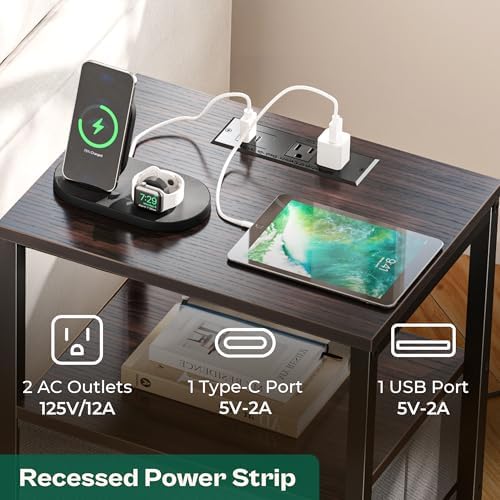 Huuger Nightstand with Charging Station, Side Table with Fabric Drawers - Image 6