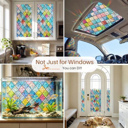 Sunbaby Stained Glass Winodw Film, Rainbow Lattice Stickers, 17.5"x78.7" - Image 6