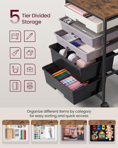 VASAGLE Rolling Cart with Drawers,5 Drawers Storage Cart, Black - Image 6