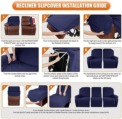 VANSOFY Stretch Recliner Couch Cover, Slipcover, Navy Blue, 3 Seater - Image 6