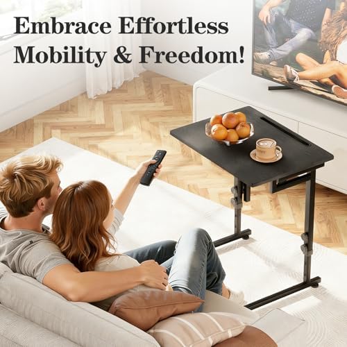 Adjustable Height Tv Tray Table,Portable Folding Tv Tray Dinner Snack Trays Table,Small Foldable C-Shaped End Table for Eating,Slide Under Couch Side with Sturdy MDF Top,No Assembly(Black+Black) - Image 6