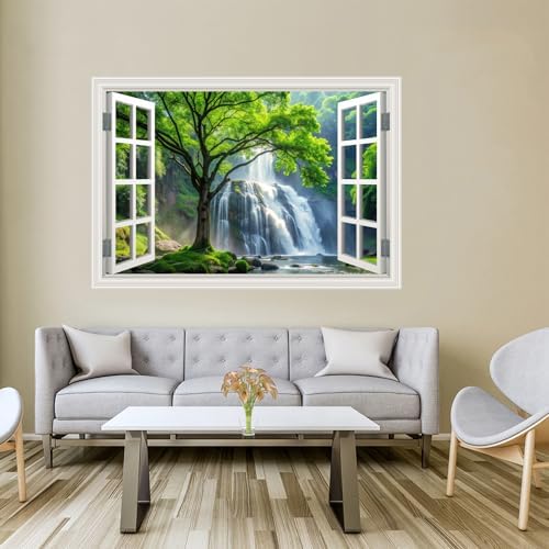 Fake Window Wall Decal- Rainforest Waterfall Tree Open Wall Art Sticker | Faux Window Mysterious Forest Natural Scenery Landscape Mural| Stick and Peel Wall Decals|Room Bedroom Office Decor|24"x16" - Image 6