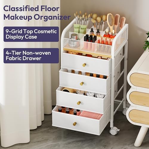 SWTYMIKI Rolling Makeup Organizer Cart - 14.96″*11.81″*27.55″ Widened Under Desk Vanity Storage with 4 Non-woven Drawers, Cosmetic Display Cases for Skin Care Perfume Nail Polish Brush Hair Tool White - Image 6