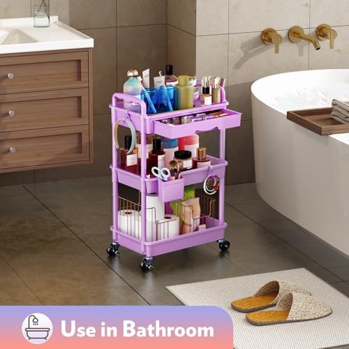 SUNALLY Makeup Cart Organizer with Drawer,3 Tier Rolling Makeup Cart,Purple - Image 7