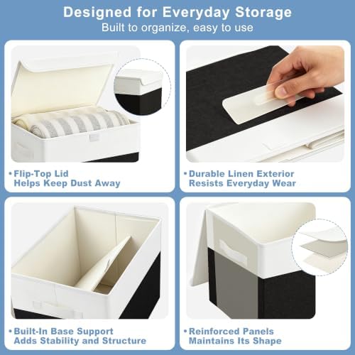 Bagnizer Large 22 Quart Linen Fabric Foldable Storage Bin Cube Organizer Basket with Flip-Top Lid & Handles, Clothes Blanket Box for Home, Office, Closet, Black & White, 4 Pack 14.6 x 9.5 x 9.5 - Image 6