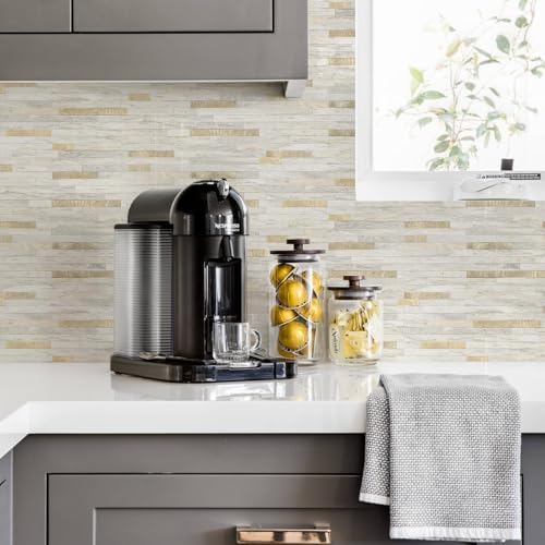 STICKGOO 2 Sheets Peel and Stick Backsplash Tile, Stick on Backsplash for Kitchen and Bathroom, Sunny Beige Look PVC Mixed Metal Gold Self Adhesive Wall Tiles - Image 6