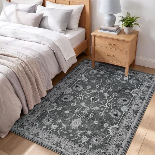 Hanples 3x5 Washable Rugs for Entryway, Vintage Floral Door Mat, Gray - Image 6