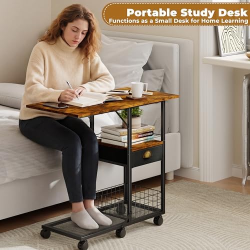 Rolling Coffee Table with Oversized Double-Wide Wood Top, Mobile Tv Tray with Storage Drawer and Wheels for Sofa, Portable Side Table for Living Room, Home Office, Spacious Desk for Working Studying - Image 7