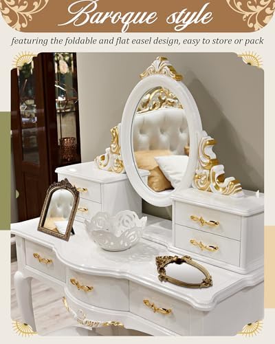 Wonderjune 3 Pcs Vintage Gold Mirror Set Wall Decorative, 8-15in Vintage Wall Mirror Hanging Antique Hanging with Stand for Living Room Home Wedding Decor(Classic Style, 13in/12in/10in) - Image 6