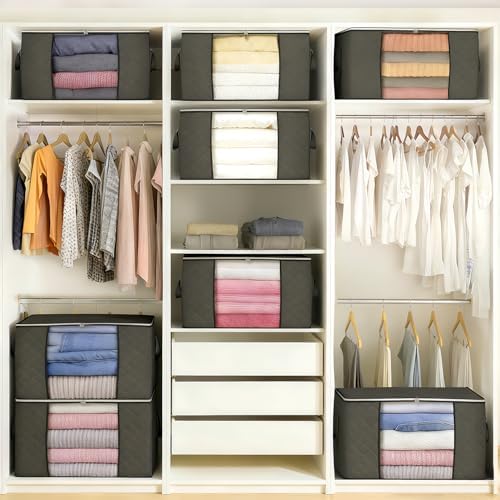 90L Large Foldable Storage Bags with Lids, 6 Pack - Closet Qrganizers and Storage Containers for Clothes, Blankets, Bedding | Reinforced Handles, Home Storage Bins, Gray - Image 7