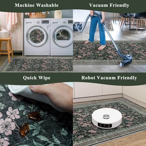 Kitchen Rugs 3 Piece Set, Washable Non-Slip Farmhouse Kitchen Mats for Hardwood Floor, Rustic Floral Boho Runner Rug for Sink,Entryway & Hallway & Bathroom (Dark/Green/Floral,2x3-2x4-2x5) - Image 7