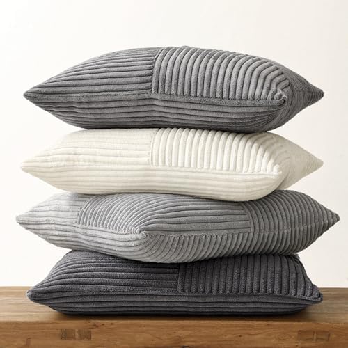 MIULEE Neutral Grey Decorative Throw Pillow Covers 18x18 Inch Set of 4 Modern Farmhouse Corduroy Cushion Cases Striped Patchwork Pillow Cases for Couch Sofa Bedroom Home Decor - Image 6