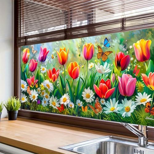 BlissYard Rainbow Flower Tulips Daisies Window Cling 39.3x17.7 Inch PVC - Image 6