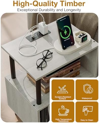 Frylr Side Table, Night Stand and End Table with Power Outlets and USB Ports, Strong Metal Frame, 44lb Capacity per Tier and Leveling Feet for Bedroom, Bedside, Living Room and Small Space, Greige - Image 6