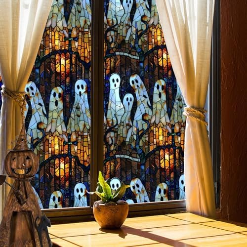 Halloween Window Stickers Decoration Vintage Stained Glass Window Film Cute Halloween Ghost Windows Film Static Glass Window Clings Stickers for Party Home Office Living Room Windows Door Decor - Image 7