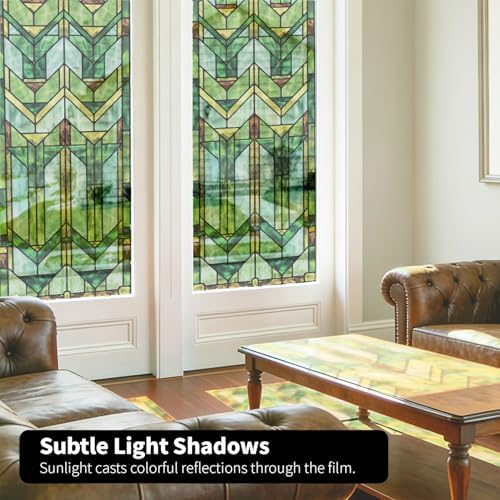 Faux Stained Glass Effect Transparent Window Film, Decorative Window Cling for Front Door Sliding Door Glass Film Decor Inspired by Frank Lloyd Wright, 29.53" x68.9" Martin House, Green - Image 6