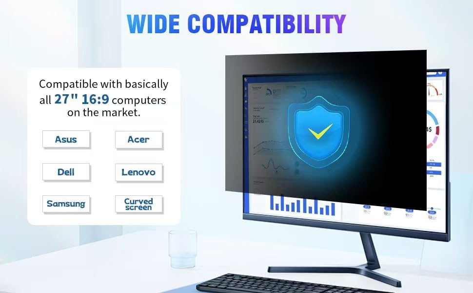 27 Inch Computer Privacy Screen Filter for 16:9 Aspect Ratio Widescreen Monitor Removable Computer Monitor Privacy Shield - Eye Protection Anti Glare Blue Light Filter - Image 6