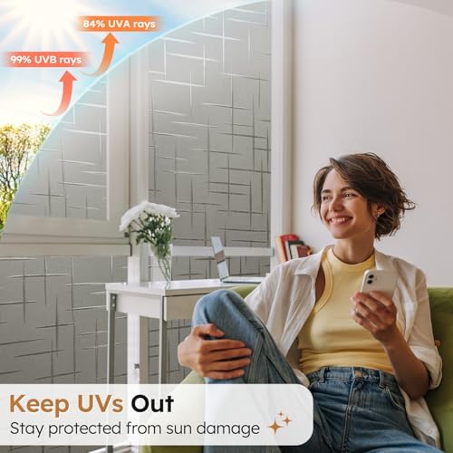 rabbitgoo Window Privacy Film Frosted Glass Window Film, Static Cling Grey Sun Blocking Front Door Cover, Decorative Frosting Privacy Sticker Home Glass Tint, Cross Pattern, Taupe, 17.5" x 78.7" - Image 7