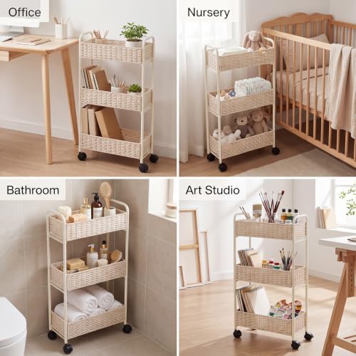 FOCHIER F Utility Slim Storage Cart,3-Tier Rolling Kitchen Office Laundry Room Cart with Wheels,Mobile Shelving Unit Organizer for Living Room,Bathroom, Baby Diaper,Art,Dining Room Narrow Places - Image 6