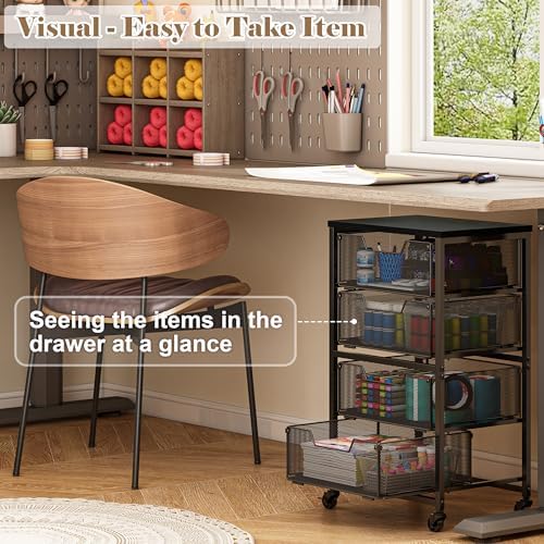 Rolling Cart with Drawers, 4-Drawer Storage Cart on Wheels with Wooden Top, Metal Utility Cart with Storage Drawers, Craft Storage Art Cart for Classroom, Office, Kitchen, Bedroom,Patent Pending - Image 6