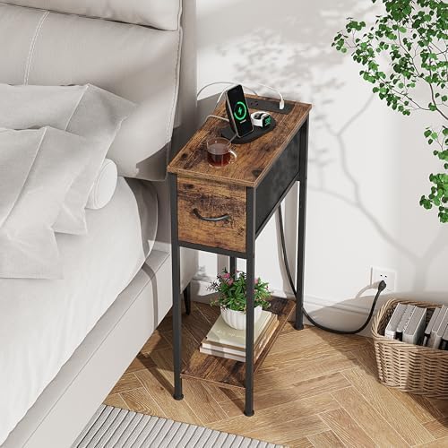 Vagusicc End Table with Charging Station, Narrow Side Table Nightstand with Fabric Drawer, Slim Nightstand for Bedroom, Small Bedside Table, Slim Sofa Side Table for Small Spaces, Rustic Brown - Image 7