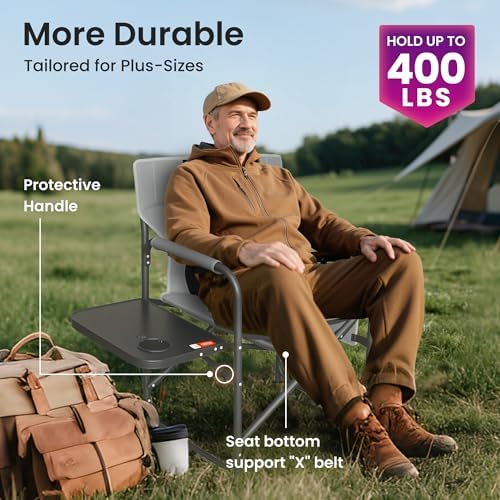 Directors Chair 17.5" Seat Height, Bar Height Folding Chair with Side Table, Foldable Camping Chair with Side Pocket for Makeup Artist, Sports Event, Supports 400LBS - Black - Image 7